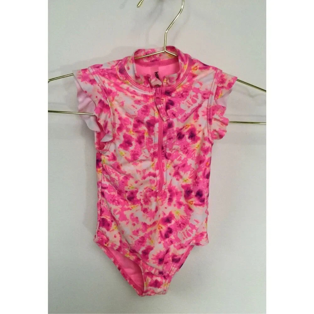 Kensie Baby Pink Tie-Dye Flutter Sleeve Quarter Zip One Piece‎ Swimsuit Size 18M